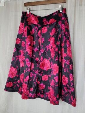 Talbots Silk Blend Skirt A-line Full Flowy Size 12 Pink Black Floral Wedding